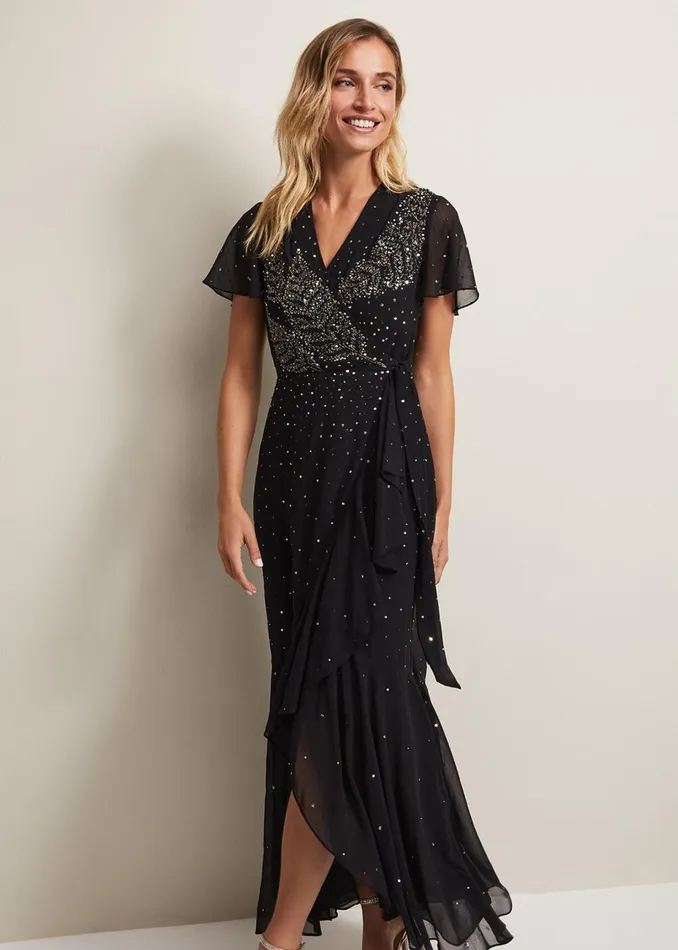 Women Phase Eight Occasion Dresses Melody Sequin Feather Maxi Dress Black