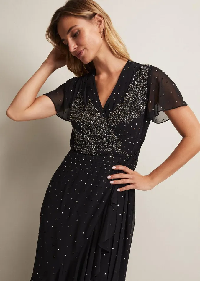 Women Phase Eight Occasion Dresses Melody Sequin Feather Maxi Dress Black