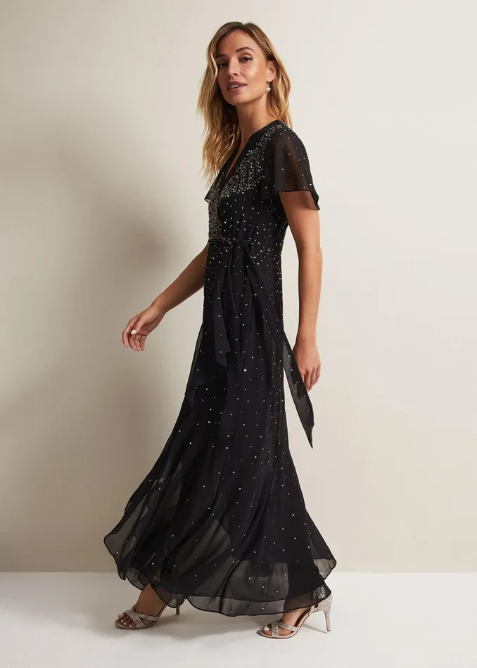 Women Phase Eight Occasion Dresses Melody Sequin Feather Maxi Dress Black
