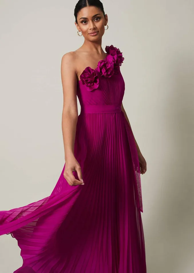 Women Phase Eight Occasion Dresses Minnie One Shoulder Pleated Maxi Dress Magenta