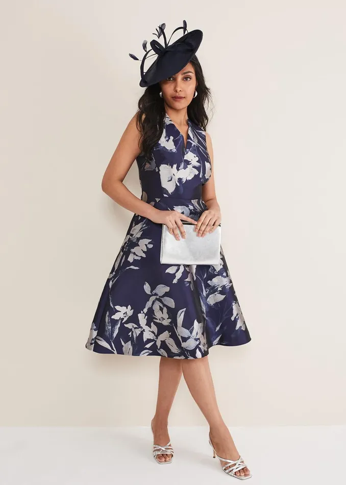 Women Phase Eight Occasion Dresses Petite Cassy Jaquard Floral Midi Dress Navymulti