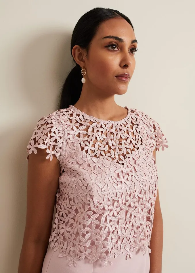 Women Phase Eight Occasion Dresses Petite Daisy Lace Midi Dress Pale Pink