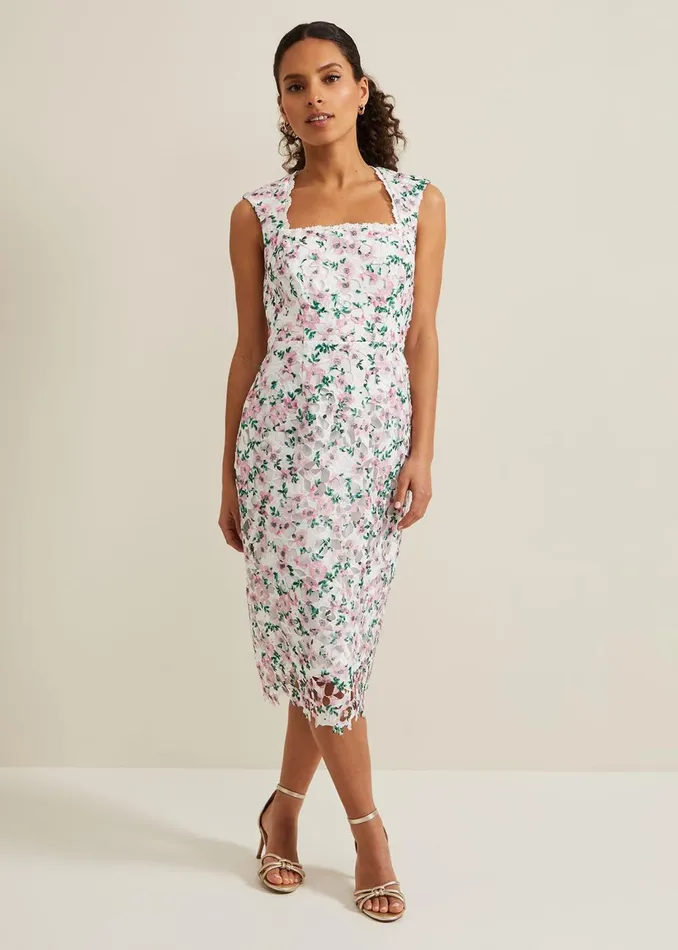 Women Phase Eight Occasion Dresses Petite Diana Floral Lace Midi Dress Multicoloured