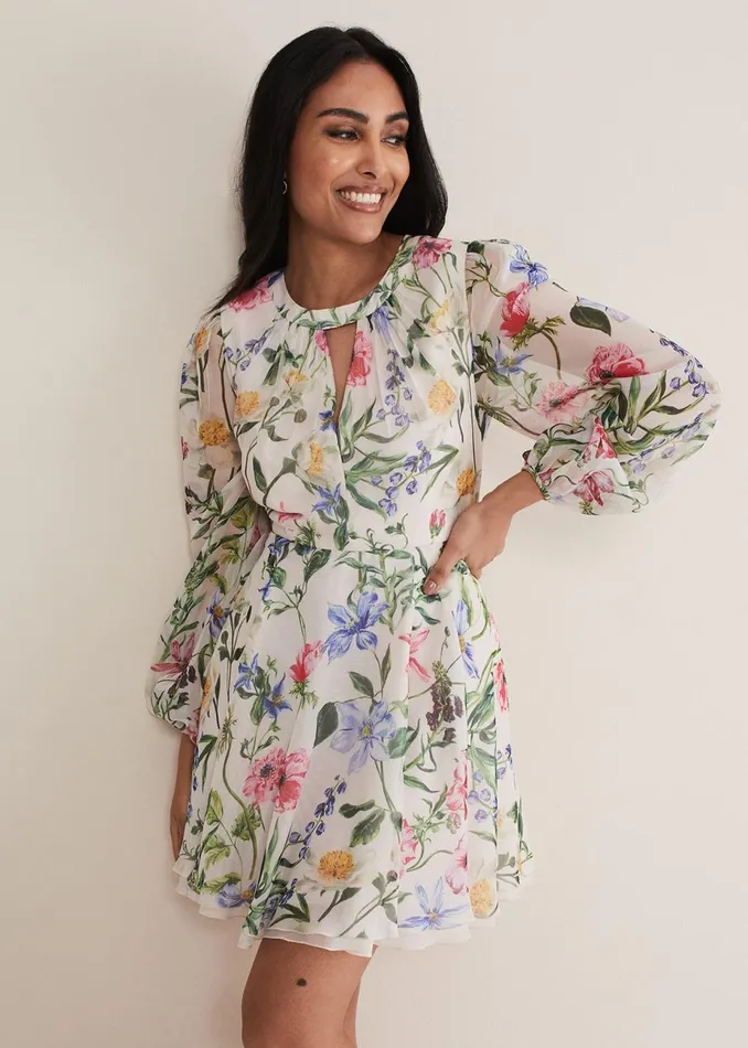 Women Phase Eight Occasion Dresses Petite Everleigh Chiffon Floral Mini Dress Ivorymulti