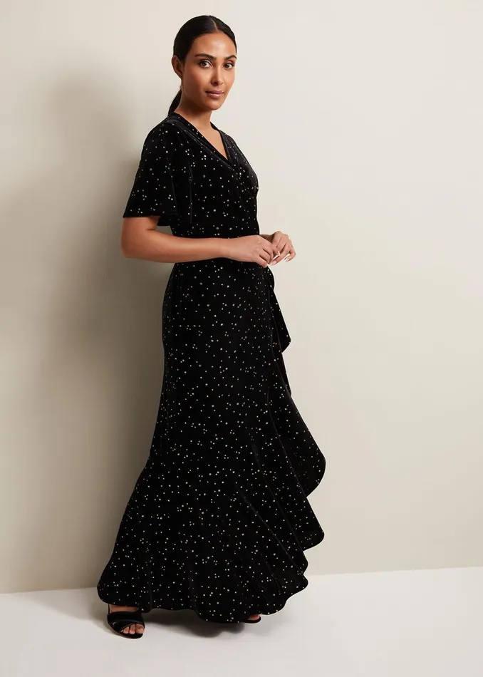 Women Phase Eight Occasion Dresses Petite Holly Velvet Star Wrap Maxi Dress Black