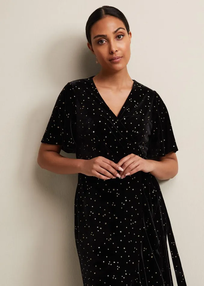 Women Phase Eight Occasion Dresses Petite Holly Velvet Star Wrap Maxi Dress Black