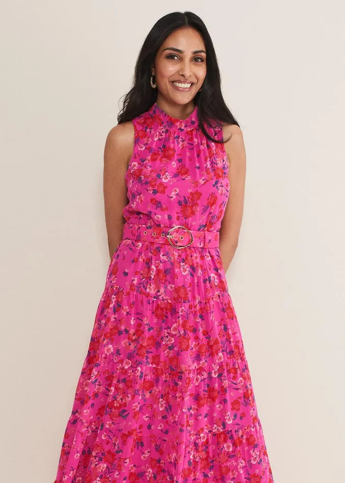 Women Phase Eight Occasion Dresses Petite Kara Floral Tiered Maxi Dress Neon Pink
