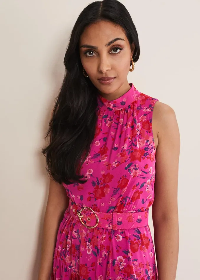 Women Phase Eight Occasion Dresses Petite Kara Floral Tiered Maxi Dress Neon Pink