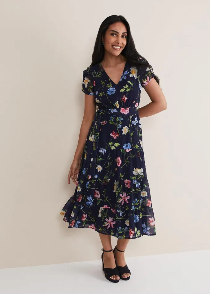 Women Phase Eight Occasion Dresses Petite Lola Floral Tiered Midi Dress Navymulti