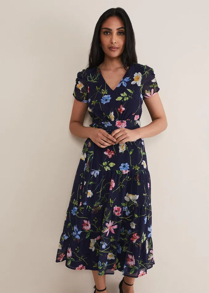 Women Phase Eight Occasion Dresses Petite Lola Floral Tiered Midi Dress Navymulti