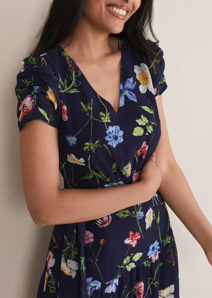Women Phase Eight Occasion Dresses Petite Lola Floral Tiered Midi Dress Navymulti