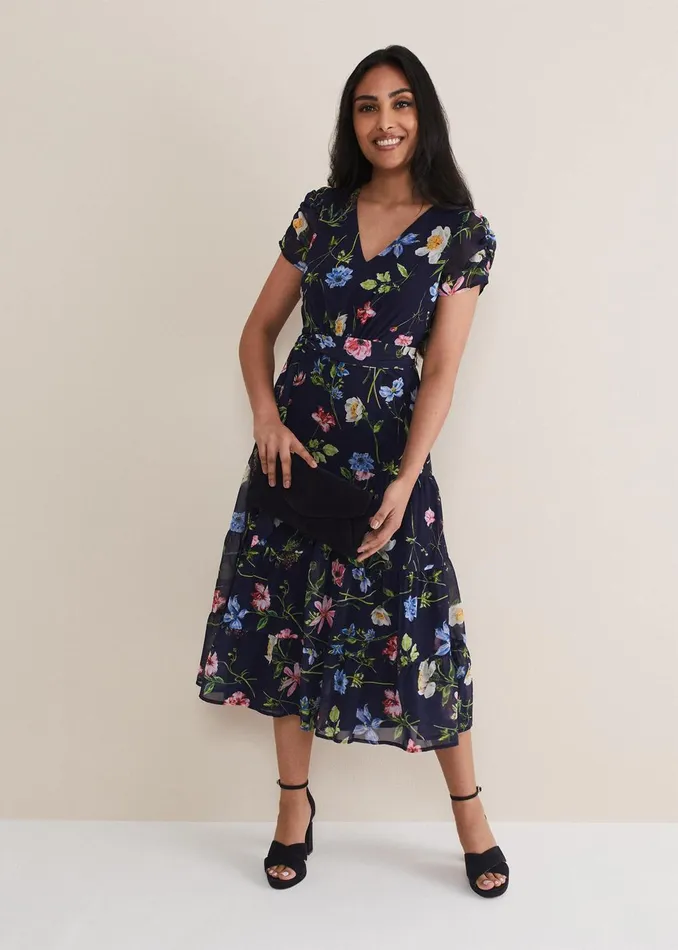 Women Phase Eight Occasion Dresses Petite Lola Floral Tiered Midi Dress Navymulti