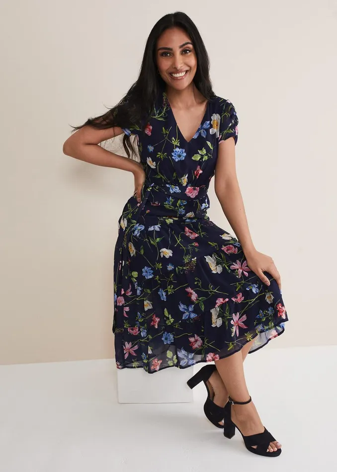 Women Phase Eight Occasion Dresses Petite Lola Floral Tiered Midi Dress Navymulti