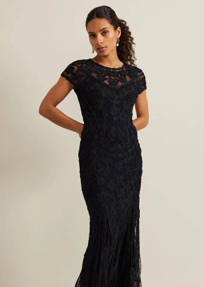 Women Phase Eight Occasion Dresses Petite Luana Tapework Maxi Dress Navy