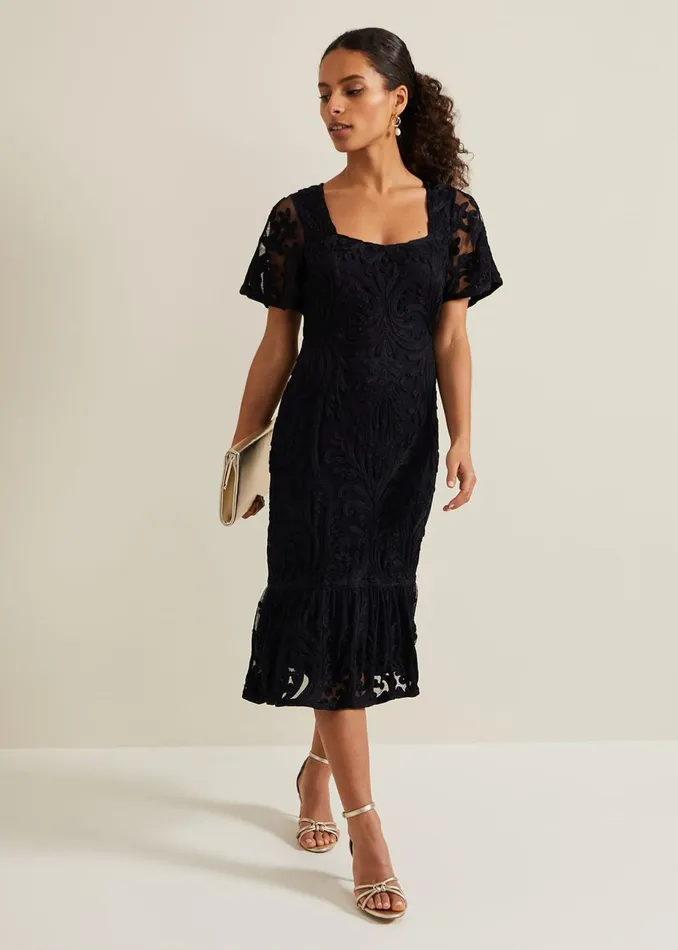 Women Phase Eight Occasion Dresses Petite Matilda Tapework Midi Dress Navy