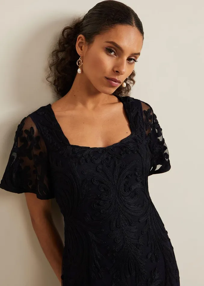 Women Phase Eight Occasion Dresses Petite Matilda Tapework Midi Dress Navy