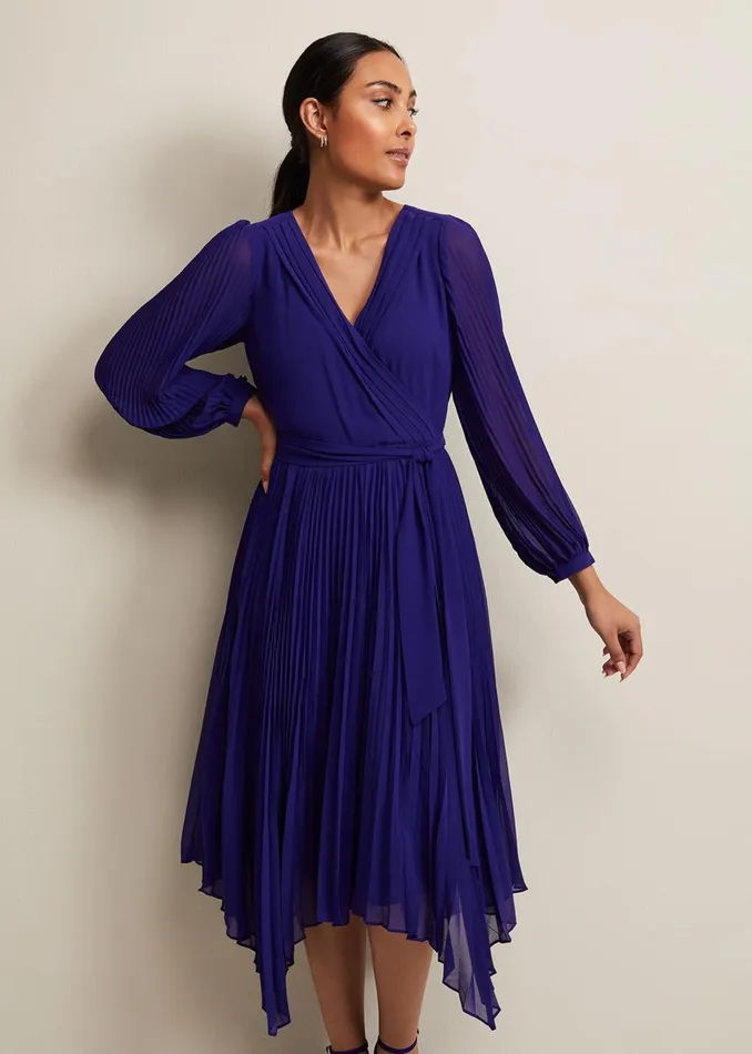 Women Phase Eight Occasion Dresses Petite Petra Blue Pleated Midi Dress Cobalt