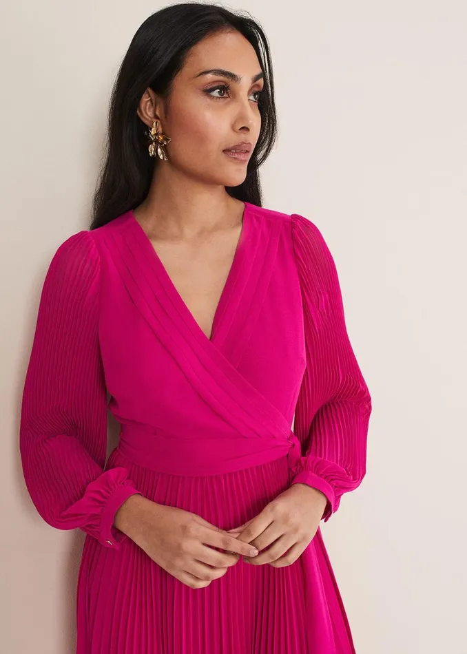 Women Phase Eight Occasion Dresses Petite Petra Wrap Pleated Midi Dress Magenta