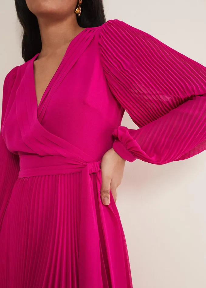 Women Phase Eight Occasion Dresses Petite Petra Wrap Pleated Midi Dress Magenta