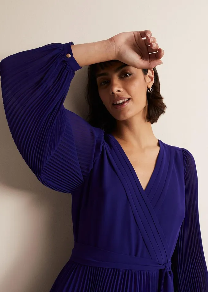 Women Phase Eight Occasion Dresses Petra Blue Pleated Midi Dress Cobalt