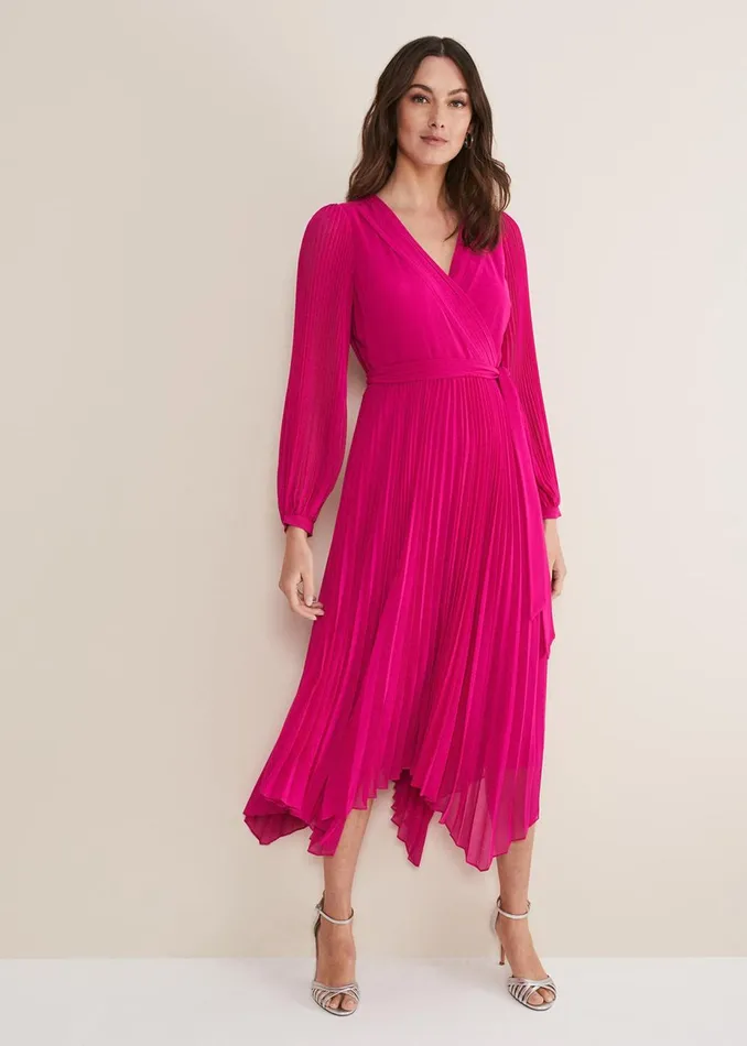 Women Phase Eight Occasion Dresses Petra Wrap Pleated Midi Dress Magenta Pink