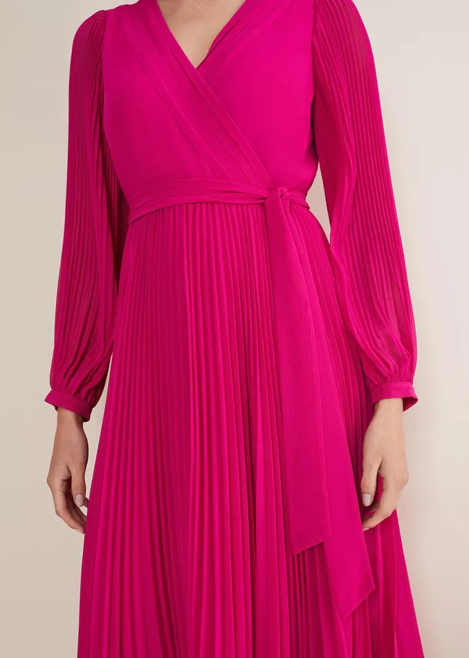 Women Phase Eight Occasion Dresses Petra Wrap Pleated Midi Dress Magenta Pink