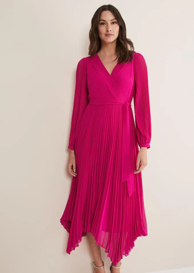 Women Phase Eight Occasion Dresses Petra Wrap Pleated Midi Dress Magenta Pink
