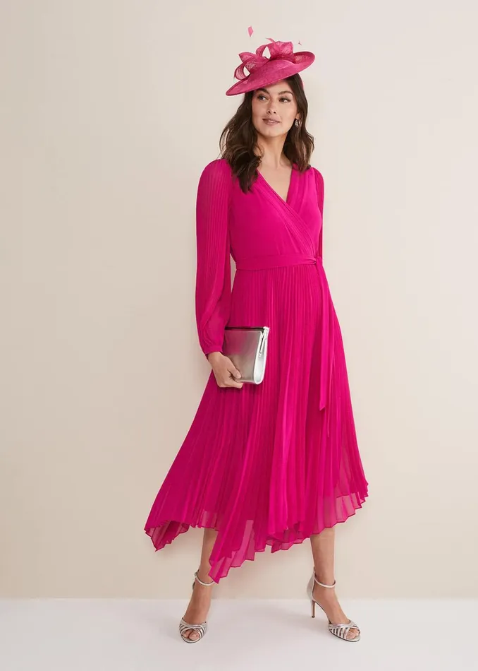 Women Phase Eight Occasion Dresses Petra Wrap Pleated Midi Dress Magenta Pink