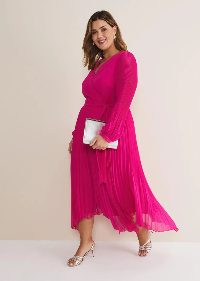 Women Phase Eight Occasion Dresses Petra Wrap Pleated Midi Dress Magenta Pink