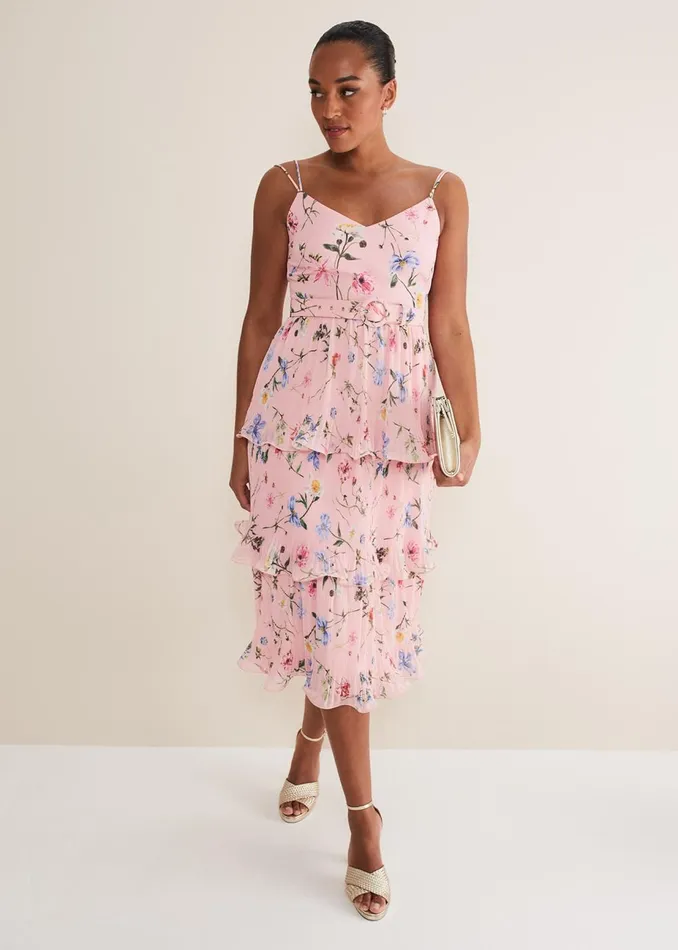 Women Phase Eight Occasion Dresses River Floral Tiered Midi Dress Pinkmulti