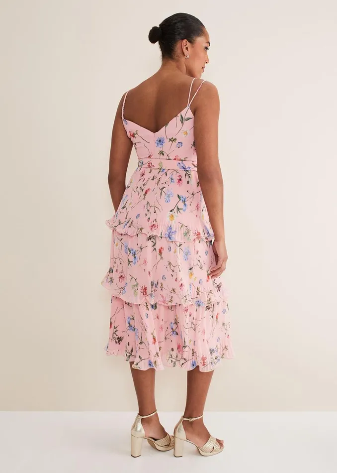 Women Phase Eight Occasion Dresses River Floral Tiered Midi Dress Pinkmulti