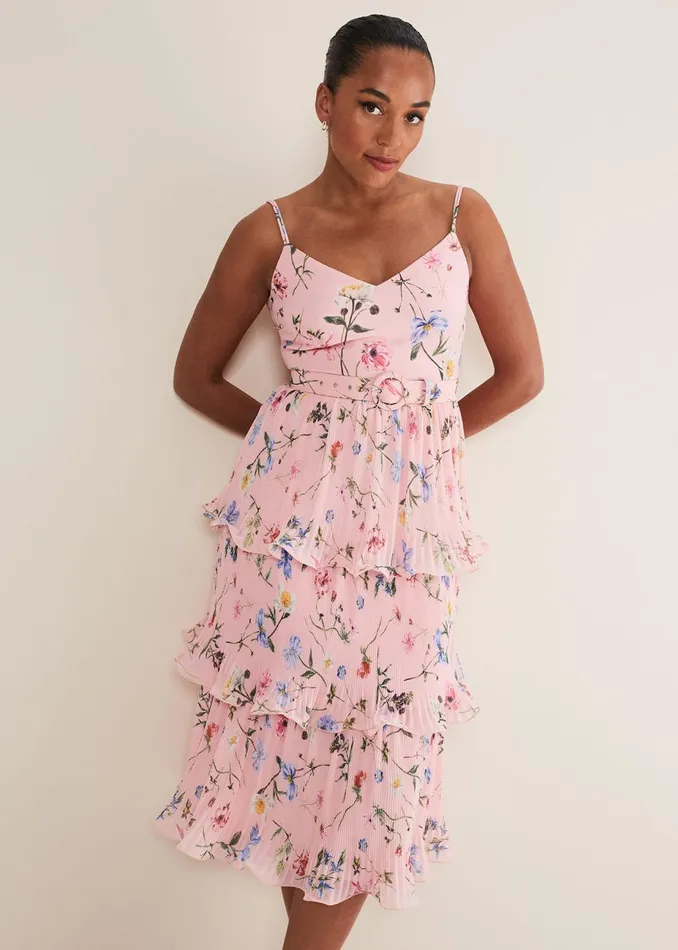 Women Phase Eight Occasion Dresses River Floral Tiered Midi Dress Pinkmulti