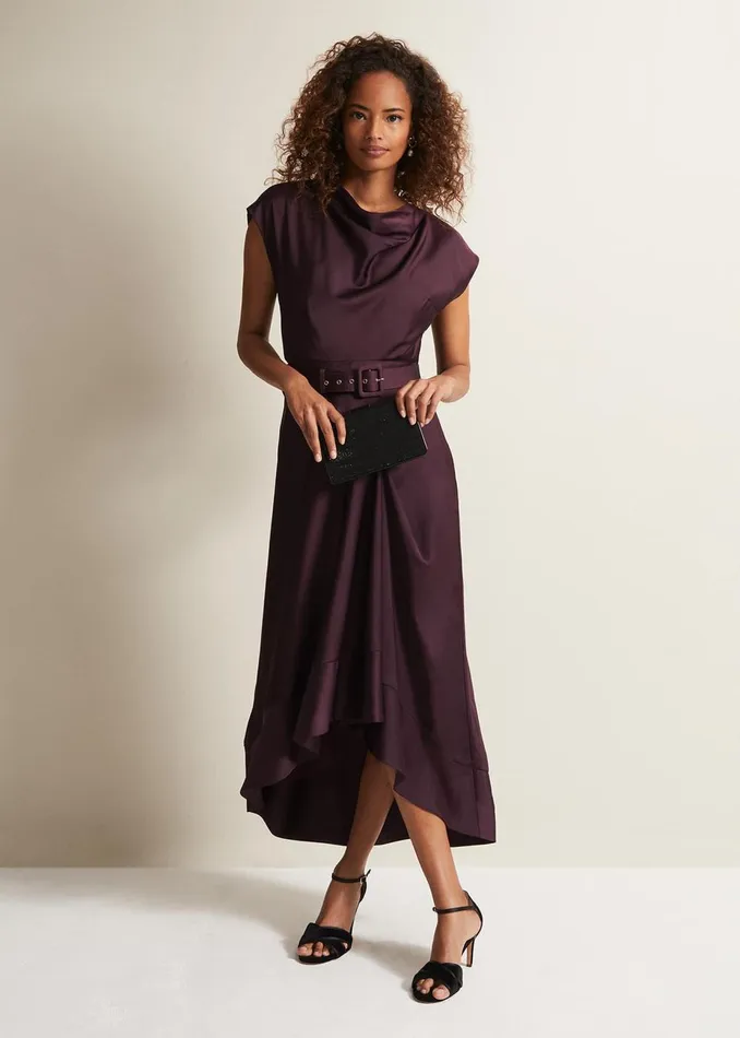 Women Phase Eight Occasion Dresses Sabrianna Burgundy Satin Midi Dress Burgundy