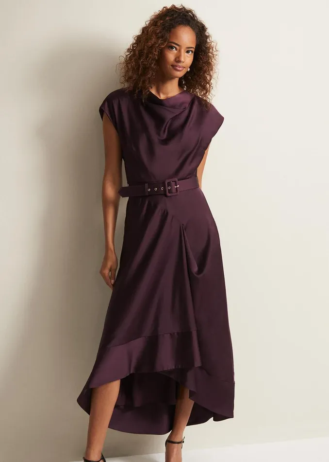 Women Phase Eight Occasion Dresses Sabrianna Burgundy Satin Midi Dress Burgundy
