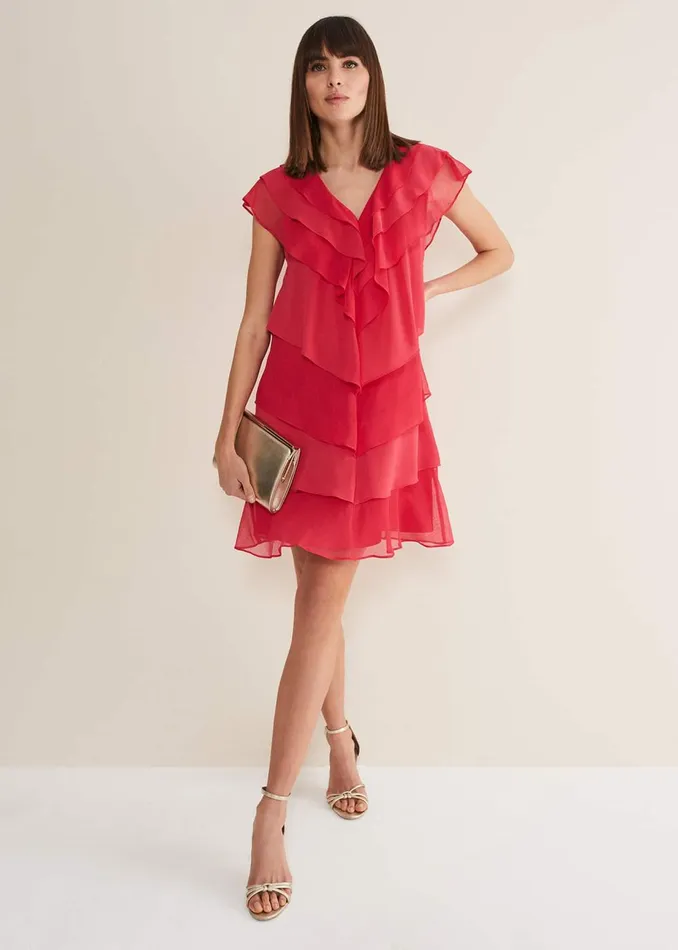 Women Phase Eight Occasion Dresses Sage Pleated Ruffle Mini Dress Raspberry