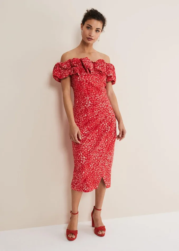 Women Phase Eight Occasion Dresses Senita Off Shoulder Ditsy Dress Redmulti