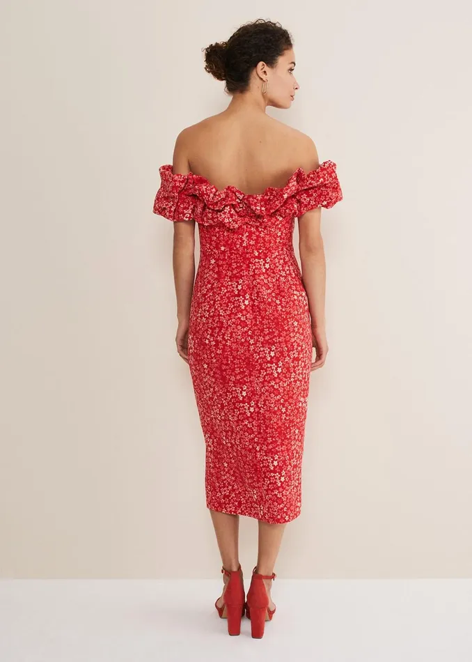 Women Phase Eight Occasion Dresses Senita Off Shoulder Ditsy Dress Redmulti