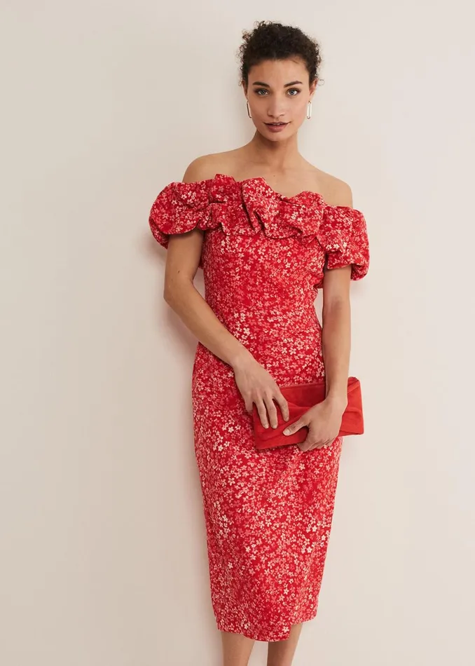 Women Phase Eight Occasion Dresses Senita Off Shoulder Ditsy Dress Redmulti