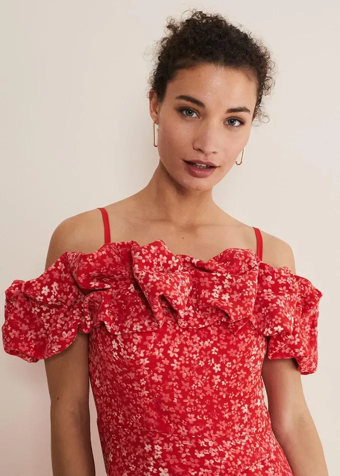 Women Phase Eight Occasion Dresses Senita Off Shoulder Ditsy Dress Redmulti