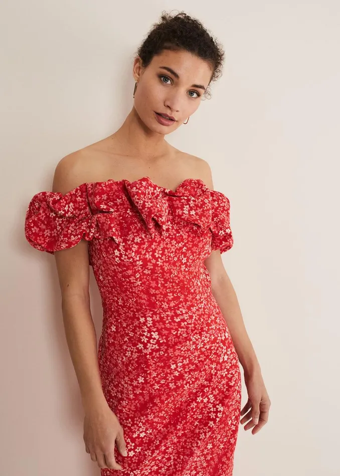 Women Phase Eight Occasion Dresses Senita Off Shoulder Ditsy Dress Redmulti