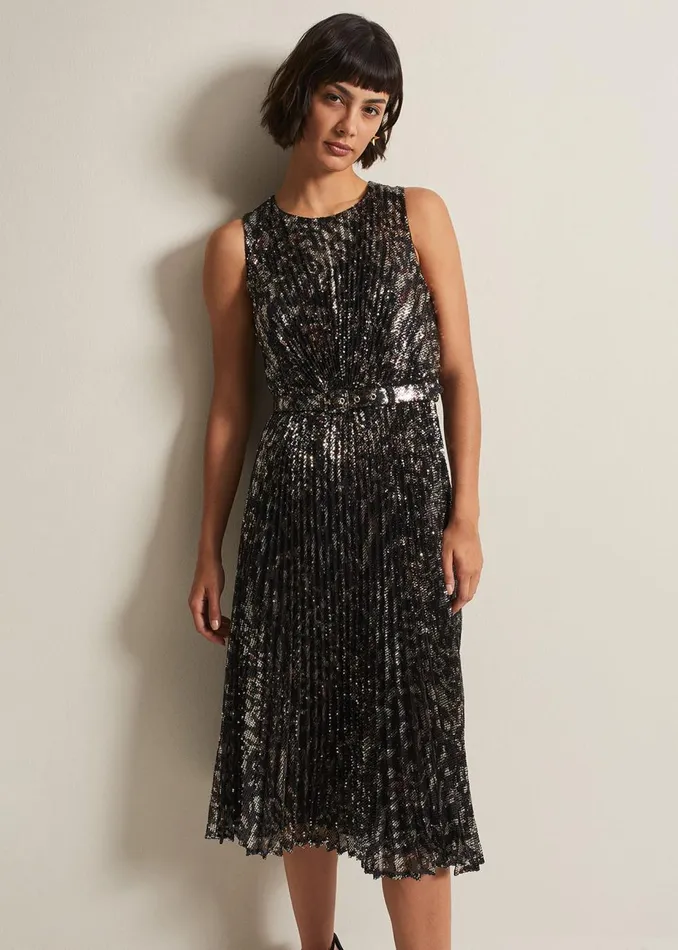 Women Phase Eight Occasion Dresses Simara Leopard Sequin Pleated Midi Dress Multicoloured