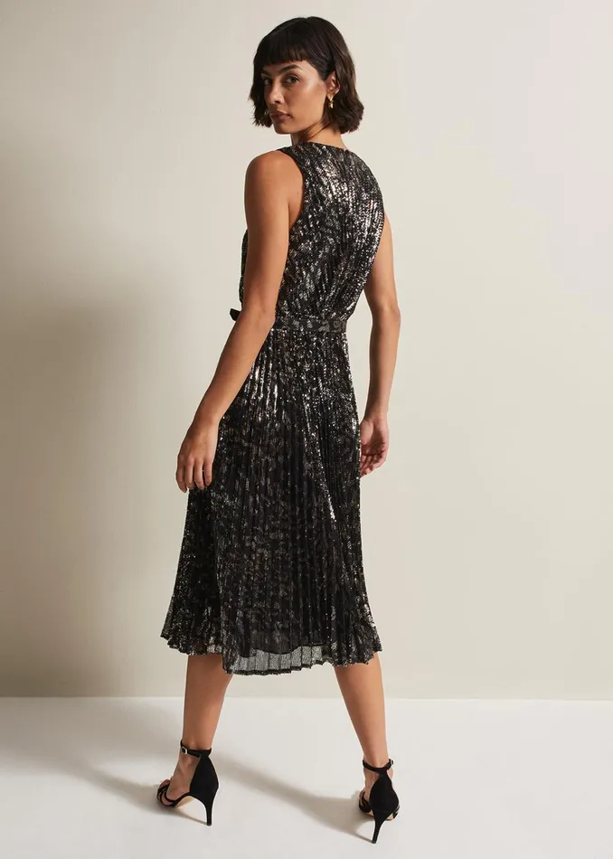 Women Phase Eight Occasion Dresses Simara Leopard Sequin Pleated Midi Dress Multicoloured