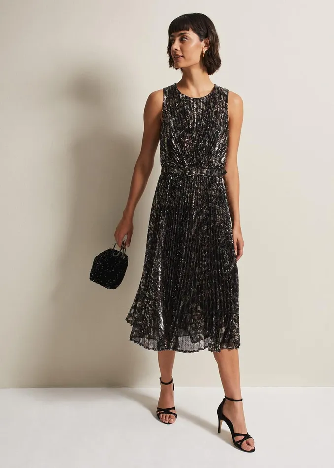 Women Phase Eight Occasion Dresses Simara Leopard Sequin Pleated Midi Dress Multicoloured