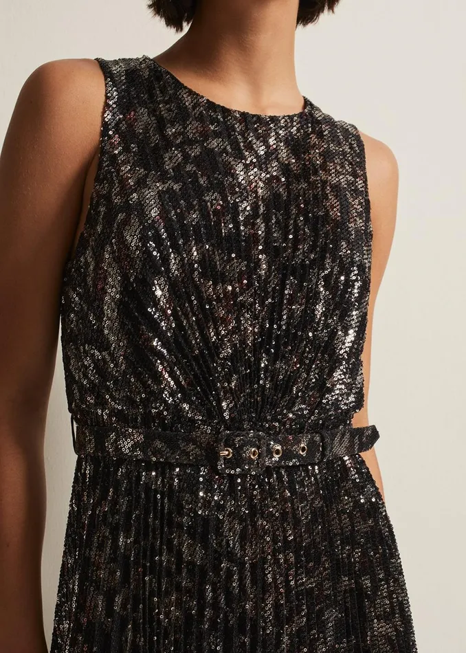 Women Phase Eight Occasion Dresses Simara Leopard Sequin Pleated Midi Dress Multicoloured