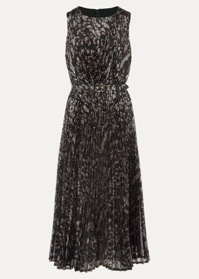 Women Phase Eight Occasion Dresses Simara Leopard Sequin Pleated Midi Dress Multicoloured