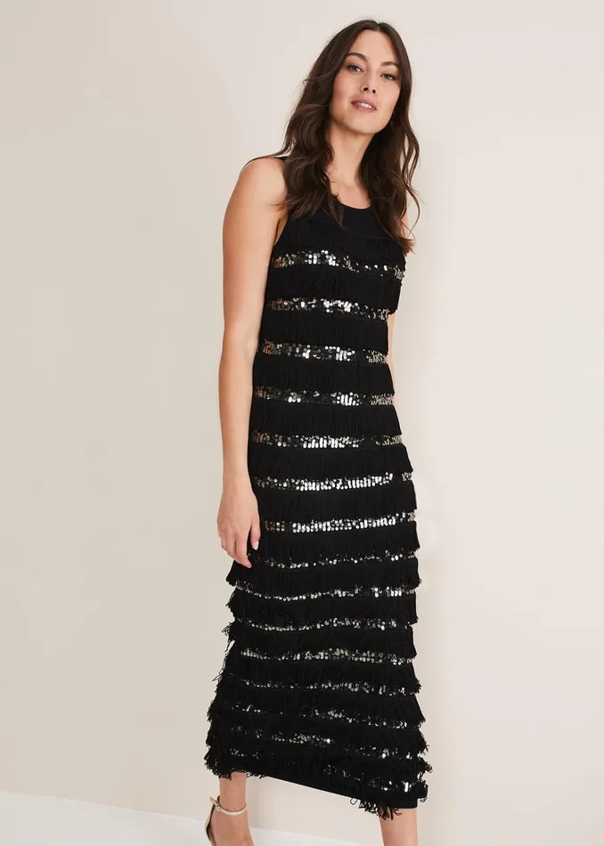 Women Phase Eight Occasion Dresses Sofianne Fringe Maxi Dress Blackpewter