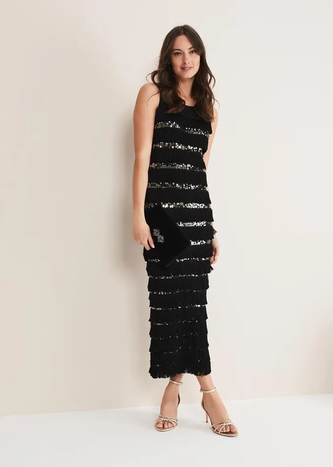 Women Phase Eight Occasion Dresses Sofianne Fringe Maxi Dress Blackpewter