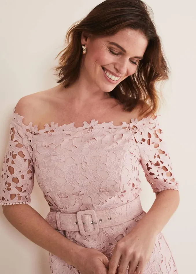Women Phase Eight Occasion Dresses Tallulla Lace Bardot Maxi Dress Petal Pink