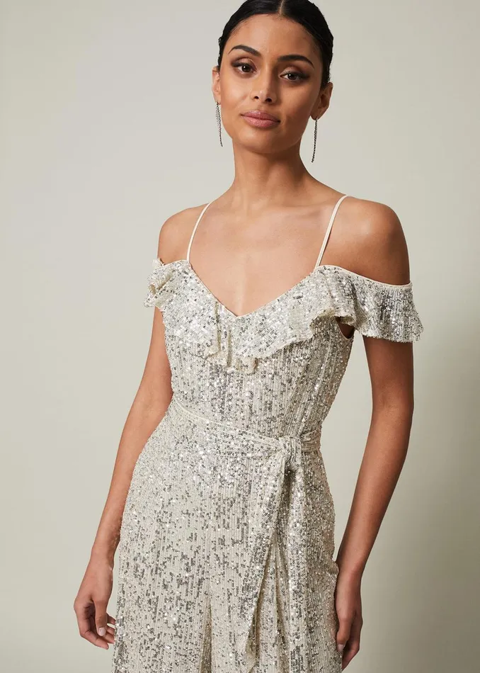Women Phase Eight Occasion Dresses Tazanna Sequin Wide Leg Jumpsuit Silver