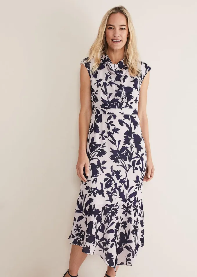 Women Phase Eight Occasion Dresses Willow Floral Cowl Neck Midi Dress Lattemulti